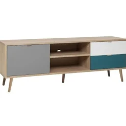 CUBA skandinavisk tv-skab - Eg, grå, hvid og benzinblå indretning - 1 låge - L 150 x D 40 x H 51 cm Brun