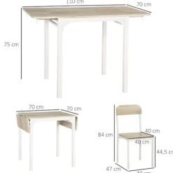 3-Delt Siddegruppe Spisegruppe Med 2 Stole Og 1 Bord Spisebordssæt Og Klapbordplade Stål Mdf Natur + Hvid 120 X 60 X 75 Cm