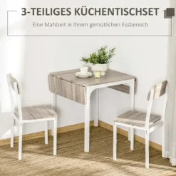 3-Delt Siddegruppe Spisegruppe Med 2 Stole Og 1 Bord Spisebordssæt Og Klapbordplade Stål Mdf Natur + Hvid 120 X 60 X 75 Cm