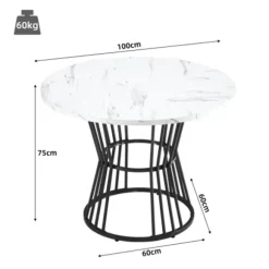5-delt spisebordssæt med 4 grønne velourstole og rundt bord 100 cm, hvid MDF-plade og sorte ben White