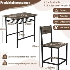 3-delt spisebordssæt, træbord og 2 stole, grå