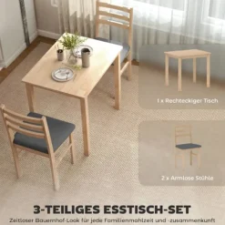 3-delt spisestuesæt med 2 stole, pladsbesparende, træ