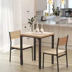 3-Delt Spisestuesæt Med Træbord Mdf + Metal, Naturligt Træ Årer + Sort, 1 Bord + 2 Stole