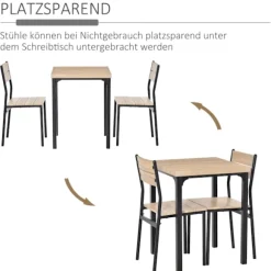 3-Delt Spisestuesæt Med Træbord Mdf + Metal, Naturligt Træ Årer + Sort, 1 Bord + 2 Stole