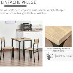 3-Delt Spisestuesæt Med Træbord Mdf + Metal, Naturligt Træ Årer + Sort, 1 Bord + 2 Stole