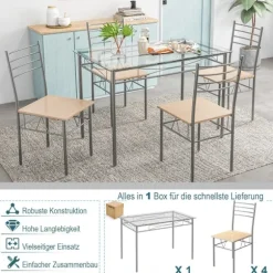 5-delt spisestuesæt rektangulært glas spisebord med 4 stole og rustfast metalstel