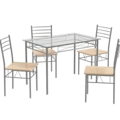 5-delt spisestuesæt rektangulært glas spisebord med 4 stole og rustfast metalstel