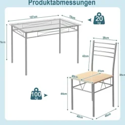 5-delt spisestuesæt rektangulært glas spisebord med 4 stole og rustfast metalstel