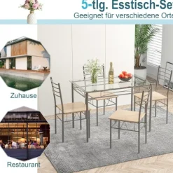 5-delt spisestuesæt rektangulært glas spisebord med 4 stole og rustfast metalstel