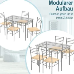 5-delt spisestuesæt rektangulært glas spisebord med 4 stole og rustfast metalstel