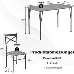 5-delt spisestuesæt til 4 personer moderne rektangulært spisebord og 4 spisestuestole grå og sort