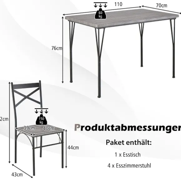 5-delt spisestuesæt til 4 personer moderne rektangulært spisebord og 4 spisestuestole grå og sort