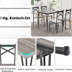 5-delt spisestuesæt til 4 personer moderne rektangulært spisebord og 4 spisestuestole grå og sort