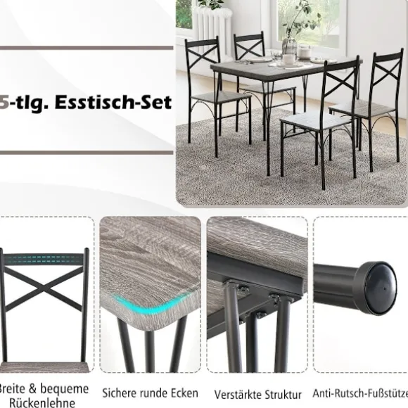 5-delt spisestuesæt til 4 personer moderne rektangulært spisebord og 4 spisestuestole grå og sort