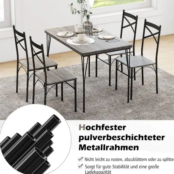 5-delt spisestuesæt til 4 personer moderne rektangulært spisebord og 4 spisestuestole grå og sort