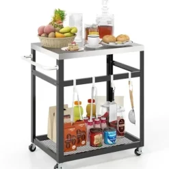 Desserte af køkken med 2 niveauer COSTWAY - 4 universalhjul - Stålplade 73 x 50,5 cm - 4 kroge