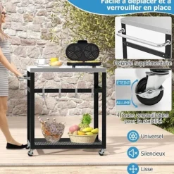 Desserte af køkken med 2 niveauer COSTWAY - 4 universalhjul - Stålplade 73 x 50,5 cm - 4 kroge