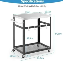 Desserte af køkken med 2 niveauer COSTWAY - 4 universalhjul - Stålplade 73 x 50,5 cm - 4 kroge