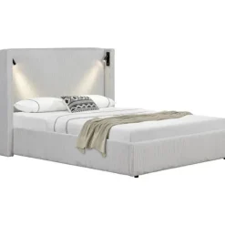 Dobbelt seng i ribbet velour med opbevaringskasse og integreret lampe "Cortina" - 160 x 200 cm - Beige beige