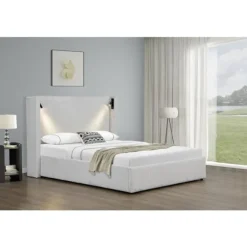 Dobbelt seng i ribbet velour med opbevaringskasse og integreret lampe "Cortina" - 160 x 200 cm - Beige beige