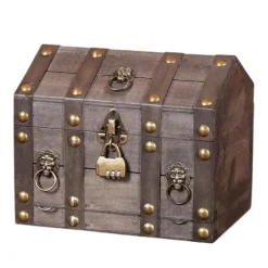 [11D]Praktisk træopbevaringsløsning, dekorativ piratkiste med vintagefinish, håndlavet design med hængslet låg, aflåselig skattekiste med