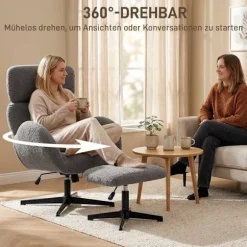 Drejelig lænestol med fodskammel, justerbar nakkestøtte, grå