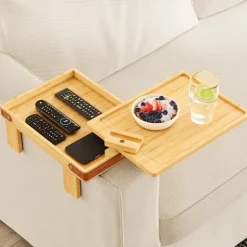 Drejeligt armbord til sofa - 2-lags klemmebakke til sofa med opbevaringsrum - Træsidebord til stue Natur Natural Wood Color