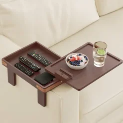 Drejeligt armbord til sofa - 2-lags klemmebakke til sofa med opbevaringsrum - Træsidebord til stue Natur Dark Brown