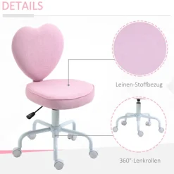 Drejestol Executive Stol Computer Stol Sæde Højdejustering Sød Hjerteformet Polstring Pink Hørstof 40 X 50 X 79-89 Cm