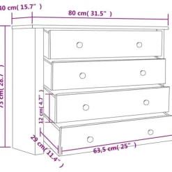 Dressoir - Panama - 4 skuffer - Massiv fyr - 80 x 40 x 73 cm Tall