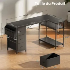 EcoFurnix 140 x 78 cm Spilbord, L med 3 skuffer, Computerbord med opbevaringspose, Sort Svart