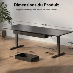 EcoFurnix Bureau 200 x 80 cm, med Indbygget Strømstik, USB-C Port, Sort Svart