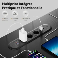 EcoFurnix Bureau 200 x 80 cm, med Indbygget Strømstik, USB-C Port, Sort Svart