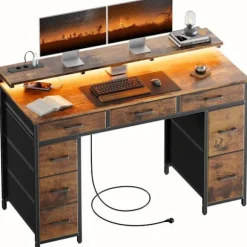 EcoFurnix Bureau Gaming 120 × 50 cm, spillebord udstyret med LED-belysning, stikkontakter og USB-porte, Brun brun