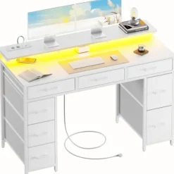 EcoFurnix Gaming Table, 120 × 50 cm, med LED-belysning, stikkontakt og USB-port, Hvid Vit
