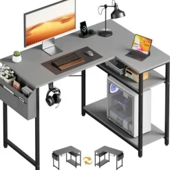 EcoFurnix Vinkelkontor Reversibel, 110 x 80 cm Lille Gaming L-skrivebord med Hylder til Opbevaring, Grå Computerbord Grå