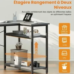 EcoFurnix Vinkelkontor Reversibel, 110 x 80 cm Lille Gaming L-skrivebord med Hylder til Opbevaring, Grå Computerbord Grå