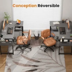 EcoFurnix Vinkelkontor Reversibel, 110 x 80 cm Lille Gaming L-skrivebord med Hylder til Opbevaring, Grå Computerbord Grå