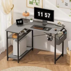 EcoFurnix Vinkelkontor Reversibel, 110 x 80 cm Lille Gaming L-skrivebord med Hylder til Opbevaring, Grå Computerbord Grå