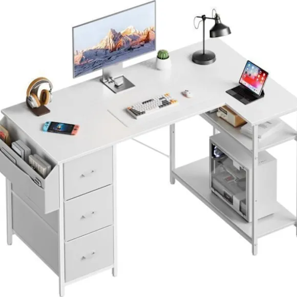 EcoFurnix 120x78cm Spilbord, L-formet skrivebord med 3 skuffer, Computerbord med opbevaringspose, Hvid Vit