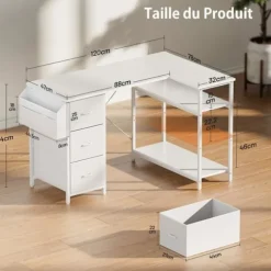 EcoFurnix 120x78cm Spilbord, L-formet skrivebord med 3 skuffer, Computerbord med opbevaringspose, Hvid Vit