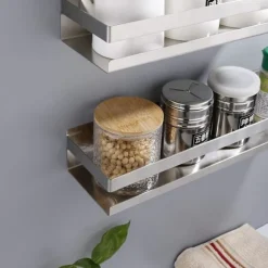 Elegant Rustfrit Design Væghylde, Fugtsikker Organizer i Rustfrit Stål, Pladsbesparende Vægmonteret Opbevaring til Køkken Soveværelse Stueindretning | Fyndiq