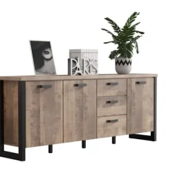 EMILE skænk - Tobaksbrun eg og matsort melamin - 3 låger + 3 skuffer - L214 x D45 x H86 cm - TRENDTEAM Tobaksbrun ek och mattsvart