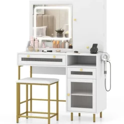 Ensemble Coiffeuse og Taburet COSTWAY, LED Spejl med 3 Farver, Laderenhed, Smykke Skab og 3 Skuffer, Ideel Gave Vit