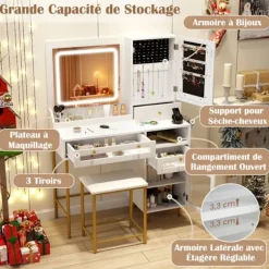 Ensemble Coiffeuse og Taburet COSTWAY, LED Spejl med 3 Farver, Laderenhed, Smykke Skab og 3 Skuffer, Ideel Gave Vit