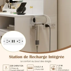 Ensemble Coiffeuse og Taburet COSTWAY, LED Spejl med 3 Farver, Laderenhed, Smykke Skab og 3 Skuffer, Ideel Gave Vit