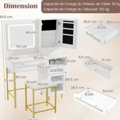 Ensemble Coiffeuse og Taburet COSTWAY, LED Spejl med 3 Farver, Laderenhed, Smykke Skab og 3 Skuffer, Ideel Gave Vit