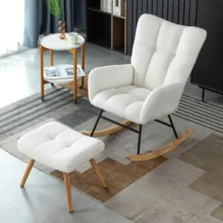 Ergonomisk gyngestol i hvid | Inkluderer fodskammel 49x38x38cm | Robust ramme af gummitræ, bæreevne op til 113 kg White