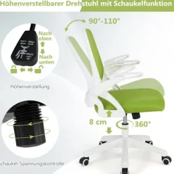 Ergonomisk kontorstol, grøn, opklappelige armlæn, lændestøtte