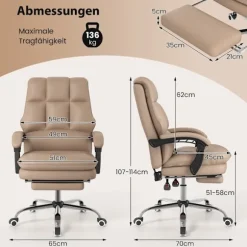 Ergonomisk kontorstol med udtrækkelig fodstøtte executive stol skrivebordsstol kaffe